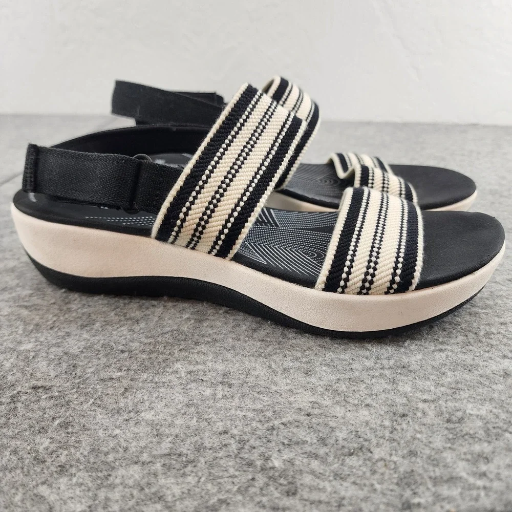 Clarks Cloudsteppers Arla Glison Black White Striped Platform Sandals Womens 9